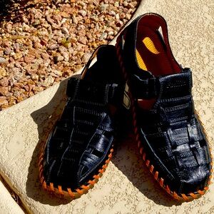Black and Orange Slip-On Sandals with Woven Texture